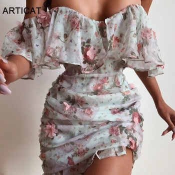 Women Elegant Floral Printed Off Shoulder Double Layer Dress Sexy Strapeless Ruffles Ruched Mini Chiffon Spring Dress